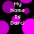 Black background with scattered purple and magenta circles; white pixelated text reads "My Name Is Darc" across multiple overlapping circle layers.
