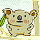 Pixelated cartoon koala with brown ears and nose, holding green leaves, in six variations of pose and coloration.