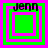 Four square display a green and pink layered design with the text 'jenn' at top left of each , showing sequential changes in innermost square size