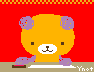 Animated pixel art contact sheet showing a yellow bear mascot with purple accents performing actions against red and gray backgrounds, including text elements like 'Ynot' and Chinese characters for 'welcome spring'.