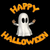 White ghost figure with black eyes and outstretched arms, surrounded by orange 'HAPPY HALLOWEEN' text on a black background.