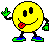 Two yellow smiley face characters with black eyes and mouths, green hands, blue shoes with green soles, standing side-by-side against a gray background.