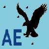 Black eagle silhouette with outstretched wings above blue 'AE' text on light blue background, with scattered small colored pixels.