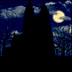 Animated sequence of a dark castle silhouette against a moonlit sky with changing elements like bats, lightning, and color shifts.