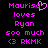 Pixelated text in bright pink on black background with a heart symbol replacing the 'o' in Maurisa, displaying multiple lines of text including "loves Ryan 500 much <3 RKM".