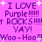 A static image with a bright purple background displaying repeated text phrases in dark purple pixelated font, interspersed with white star symbols.