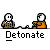 Pixel art contact sheet showing seven frames of an animated icon with two stick figures in orange prison uniforms, one holding a detonator and the other reacting to explosions or text changes.