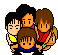 Pixel art group of five cartoon children in various poses and clothing colors on gray background.