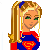 Pixel art contact sheet showing multiple frames of a female superhero character in blue and red costume with 'S' shield logo, including full-body views and text banners reading "I'M Super Woman".