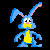 A 4x3 contact sheet of pixel art frames showing a blue cartoon bunny with pink inner ears and yellow belly in various poses against black background.