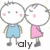 Animated sequence showing two cartoon figures in blue overalls and pink dresses with changing facial expressions, text labels 'aly', '+', 'louis', '=', and a heart symbol.