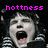Pixelated image of a person with mouth open in a scream, pink text reading 'hottness' above, dark background with pixelated smoke effects.