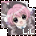 Pixelated character with pink hair and gray fur-like ears, wearing a dark gray outfit with white collar, displaying three distinct facial expressions