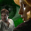 Six- shows character faces, a blue X symbol, green text reading THE TRUTH IS OUT THERE, and a green tunnel with reflections