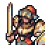 Pixel art knight in armor holding a sword, standing with shield and helmet on head.