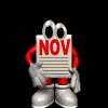 Animated character with red limbs and silver shoes holding a 'NOV' sign, performing sequential hand movements against black background.