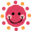 Two identical pink circular smiley faces with black eyes and mouths, surrounded by orange and pink square dots on a gray background.