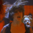 A woman with tousled dark hair in a black sleeveless top performs dynamic movements against an orange background, her mouth open and arms raised.