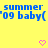 Yellow background with blue text repeating 'summer '09 baby(' and pink pixel hearts arranged in a pattern