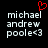Pixelated text displays 'michael andrew poole<3' with a red heart symbol above the name on black background.