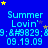 Blue background with repeated 'Summer Lovin' text and date '09.19.09', scattered yellow and purple stars, and a gray rectangle in the bottom-right corner.