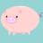 Pixelated pink pig icon with rounded body, small ears, and purple tail on light blue background.