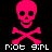 Pixelated pink skull with black eye sockets and nose cavity above crossed bones, white text 'r:ot 9:rl' at bottom on solid black background.