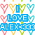 Pixelated icon with blue text 'I LOVE ALEX<333' surrounded by four heart outlines in pink, yellow, green, and cyan on white background.