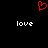 Red pixelated heart symbol above two white 'love' texts on black background.