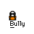 Pixel art animation of a character with orange clothing and white helmet, performing actions above the text "Bully" on gray background.