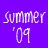 Pixelated text 'summer '09' in light purple on a solid purple background with subtle pixelation effects.