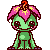 A 5x4 contact sheet of a pixel art animated character with green skin, pink flower-like headpiece, and orange top, showing sequential frame-by-frame animation cycles across multiple poses.