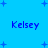 Blue background with scattered plus signs and four instances of the name 'Kelsey' in blue text arranged in two
