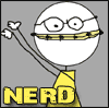 Static pixel art icon of a white stick figure with glasses and yellow clothing holding two white arrows, standing above large yellow text reading "NERD" on a gray background.