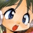 Anime-style character face with large blue eyes and red lips on left, black background with white text on right.
