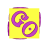 A 5x5 contact sheet of animated frames showing a yellow die with purple 'GO' text rotating through multiple angles against a gray background.