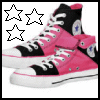 Pink and black high-top sneakers with white laces and a blue circular logo on the ankle, displayed with star symbols in four