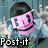 Four pixelated character images arranged in a with text labels below each, featuring distinct poses and props