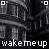 Pixelated grayscale image of a building facade with vertical lines and horizontal bands, featuring repeated text at the bottom.