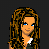 Pixel art of a woman with long brown hair and blue eyes, wearing a dark sleeveless top over white collar, standing against black background with text 'lake loves me!' below.