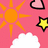 Pixelated icon with pink background featuring orange sun, yellow star, pink heart, and white cloud.