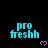 Pixelated cyan text 'pro freshh' with purple heart symbols on black background, some frames show gray rectangle overlay.