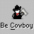 Pixel art character in black attire with red bow tie holding a white object against gray background, with text below.