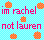 Pixelated graphic with cyan checkered background, pink text reading 'im rachel not lauren', and five orange pumpkin icons.