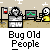 Animated contact sheet of a pixel art icon showing two characters at desks with computers, one character's hand moves between frames while text reads "Bug Old People" below each frame.