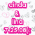 Pixelated text displays 'cinda & lina 7.25.08)' in three color variations against a heart-patterned background.