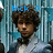 Pixelated image of a person with curly brown hair wearing a light gray suit and black bow tie against a blue striped background with blue text overlays.