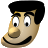 Pixelated cartoon face with black hair, large white eyes with black pupils, a rounded nose, and a wide black smile on a light gray background.