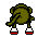 Pixelated green elephant figure with white and red shoes, shown in four sequential poses against a gray background.