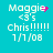 Cyan background displays white text 'Maggie <3's chris !!!!! 1/1/08' with pink pixel clusters near the name, varying across four views.
